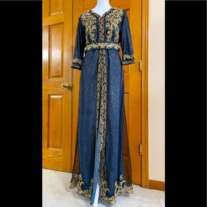 Formal Dress Sizes M & XL Blue Gold Glitter Sparkle Sleeves SULTAN Kaftan Abaya